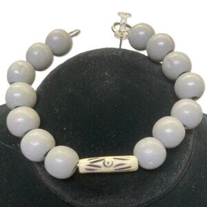 TRIBAL Ethnic Gray White Hand Crafted Black Slip On Bracelet UNISEX 8 inches